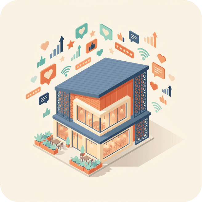 Isometric illustration of a restaurant surrounded by AI discovery icons