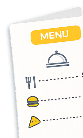 Tilted paper menu with food icons