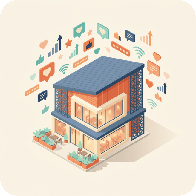 Isometric illustration of a restaurant surrounded by AI discovery icons