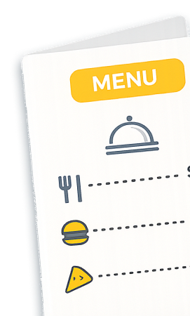 Tilted paper menu with food icons